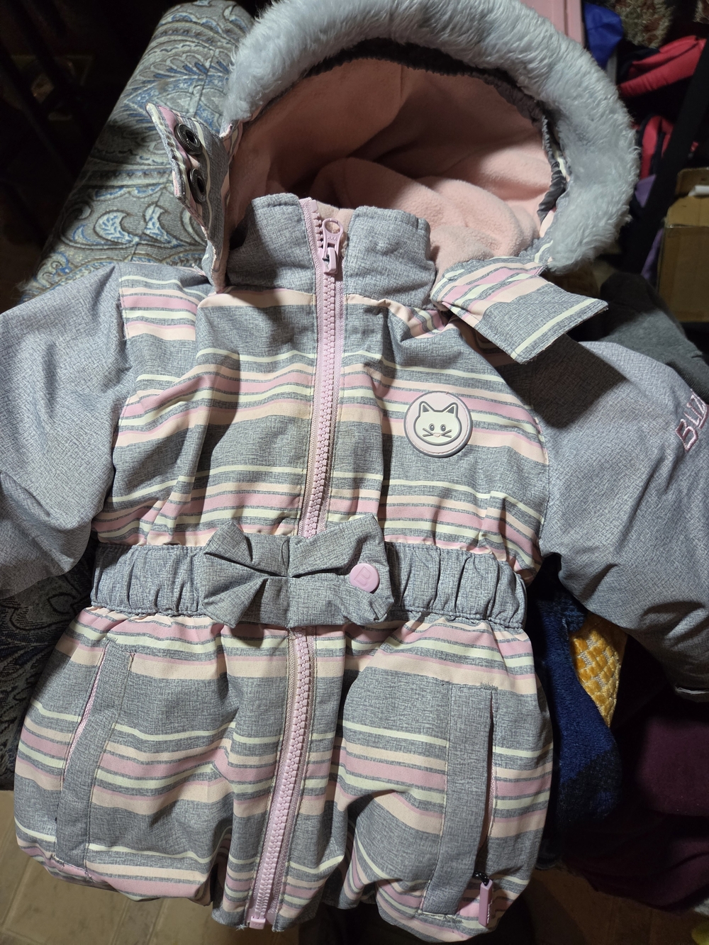 Kids Pink & Gray Striped Puffer Jacket with Faux Fur Hood